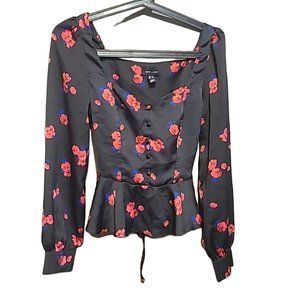 New Look Size 4 Floral Black Top Puff Sleeve Blouse Square Neck Boho Classic